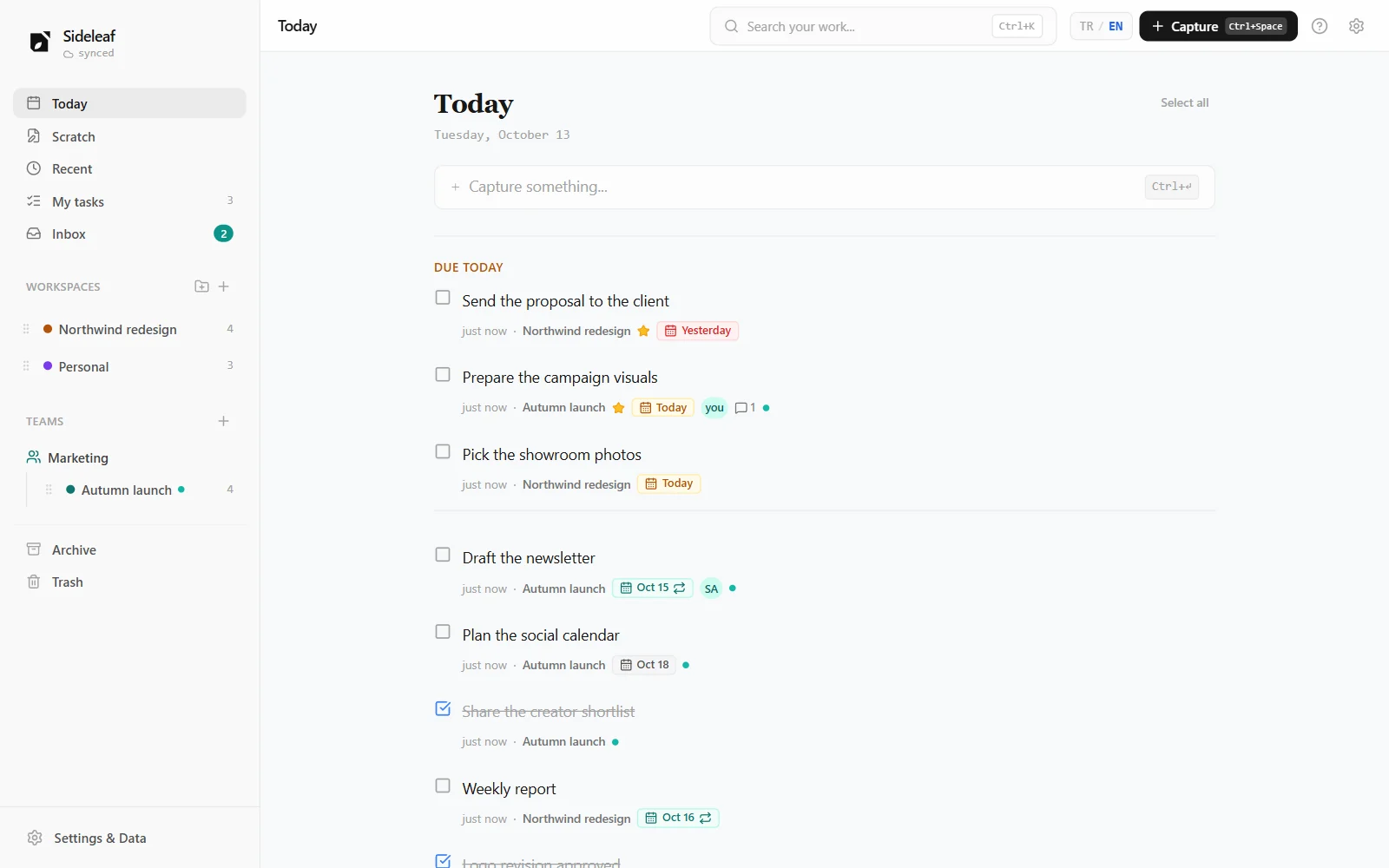 The Sideleaf Today view: tasks due today and the day’s notes