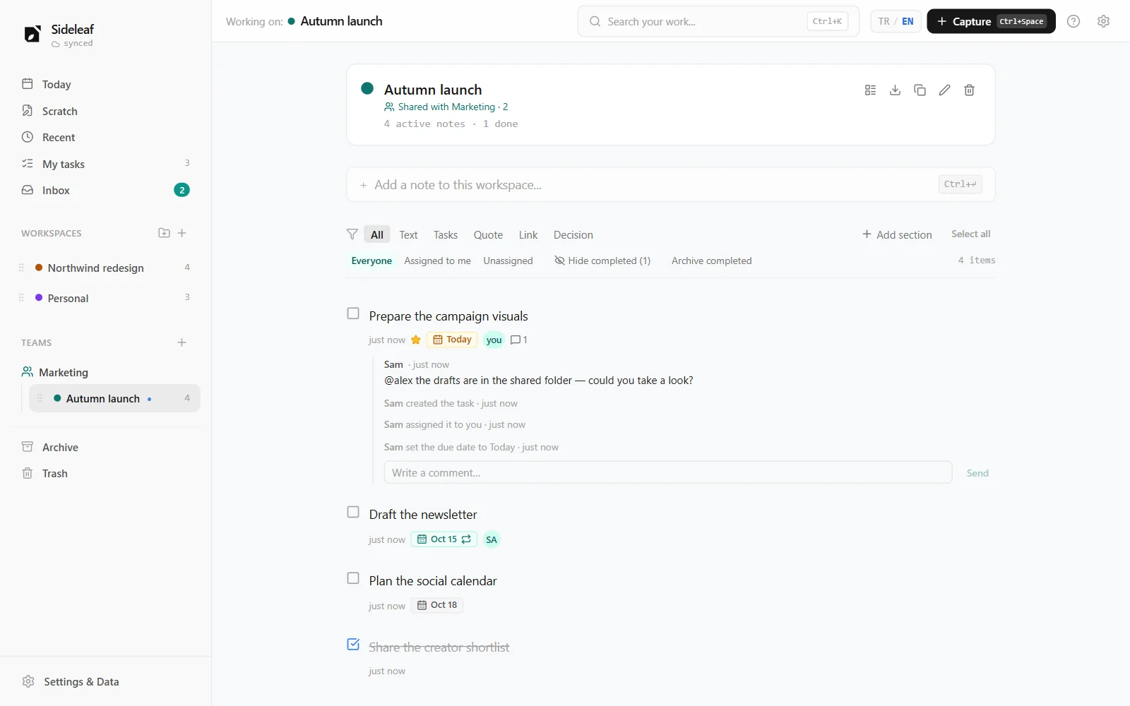 A shared workspace with assigned tasks, comments and task history